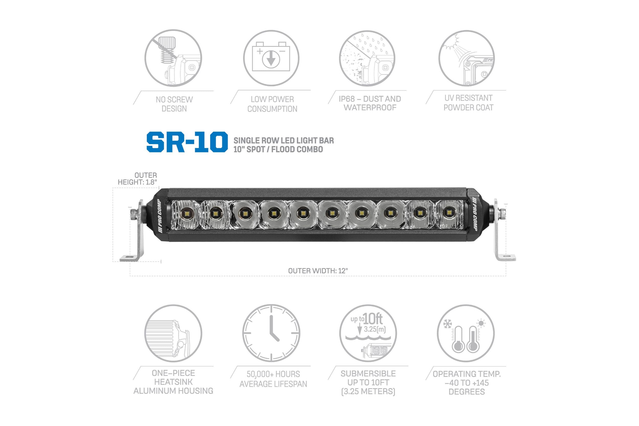 ProComp Pro Comp Motorsports Series Single Row Light Bar: 10" / White / Combo Beam